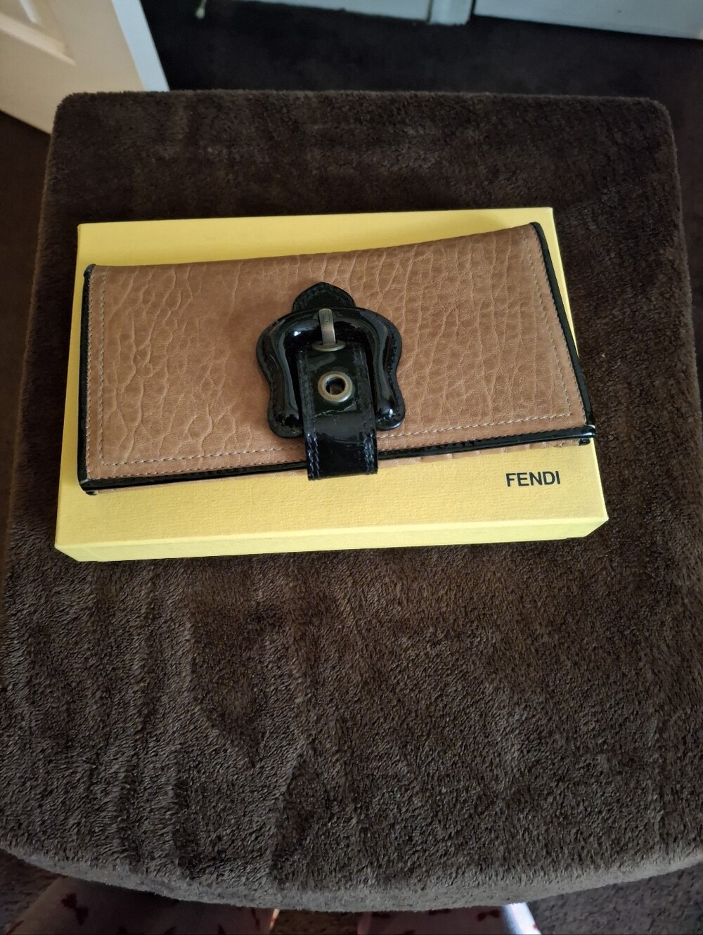 Fendi Tan Textured Leather Wallet with Black Patent Trim